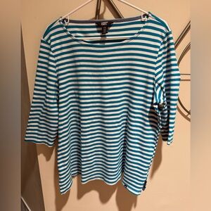 Lands' End Teal White Striped Boatneck Long Sleeve Top 100% Pima Cotton Size 2XL